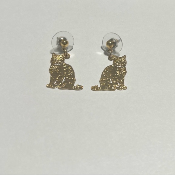 Gold Kitty Cat Cut Out Dangle Stud Earrings 1.5” Lightweight Cute Animal - Picture 2 of 5